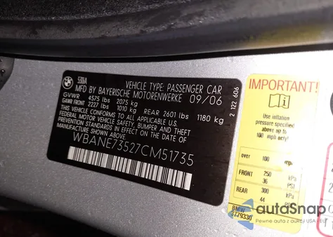 2007 BMW 530I from USA, damaged, VIN WBANE73527CM51735